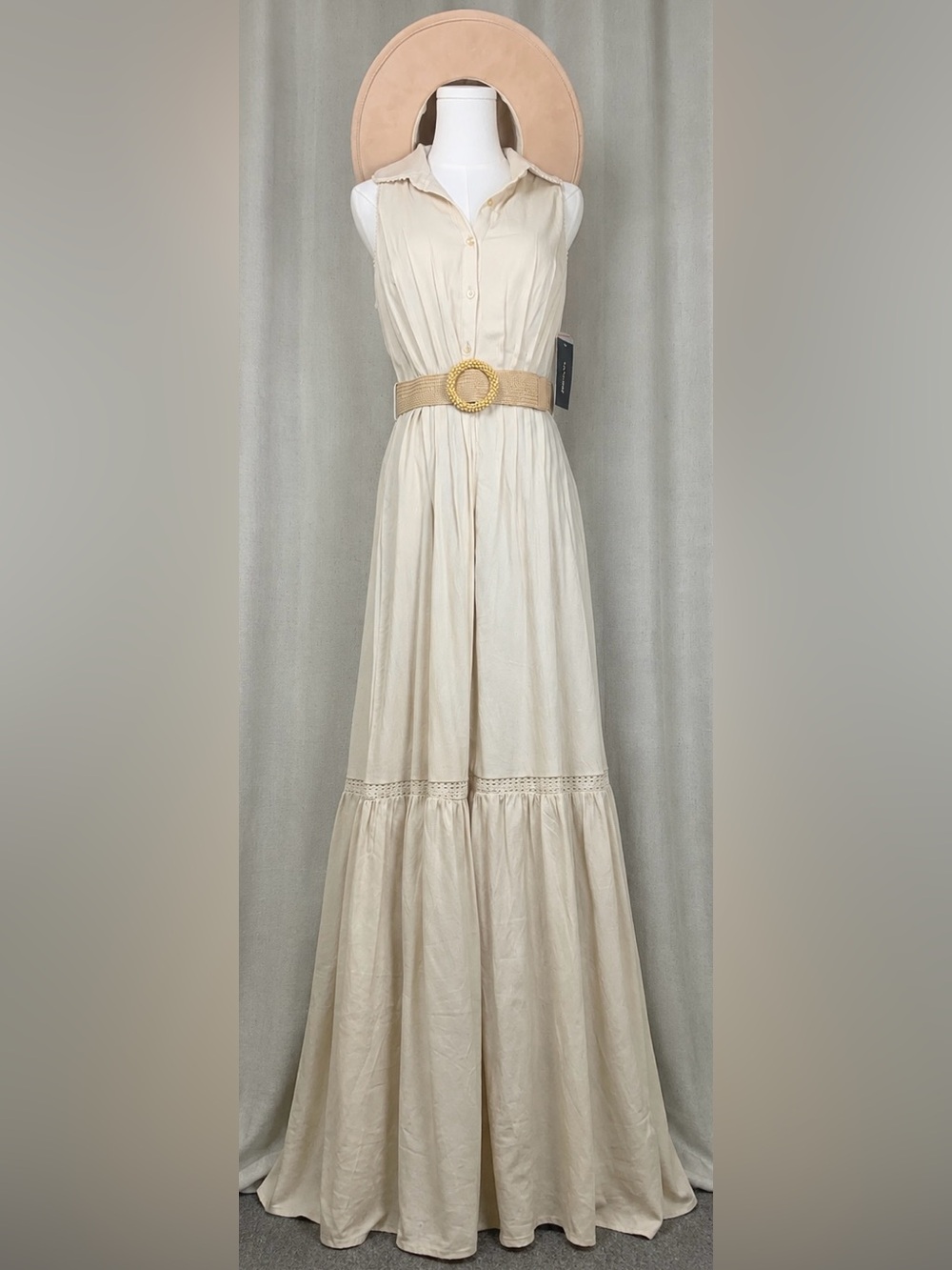 Taylor Ivory Cream Maxi Dress with Woven Belt Boho Button Front | 8
